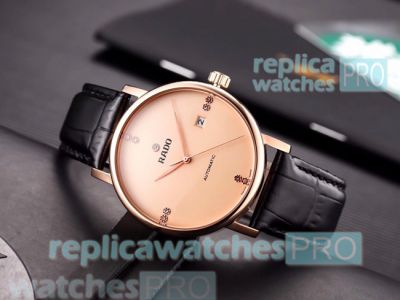 High Quality Replica Rado Pink Dial Black Leather Strap  Automatic Watch